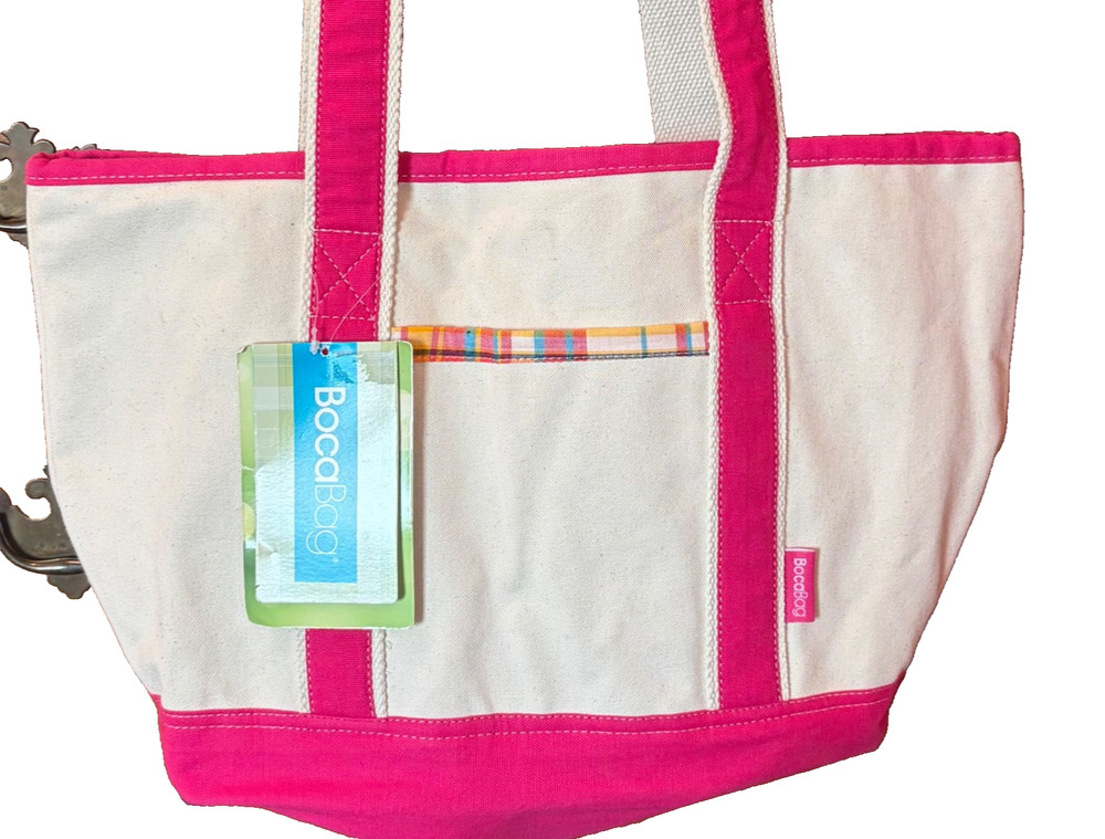 BocaBag Tote Bag NWT Canvas Cream Pink Madras Plaid Lining Beach Vacation School